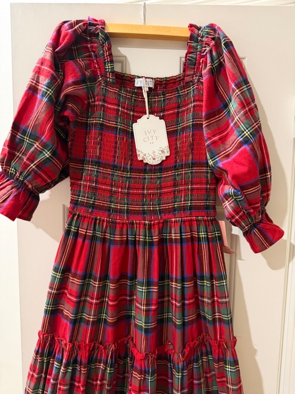 Ivy City Co Red Plaid Tiered Smocked Dress - Picture 2 of 5